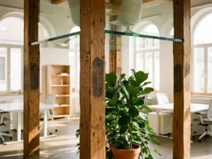 Vier houten pilaren ondersteunen glazen platform in moderne kantoorruimte met groene plant en natuurlijk licht