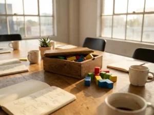Houten puzzeldoos met kleurrijke geometrische vormen op eiken vergadertafel, omringd door brainstormnotities en koffiekopjes