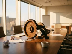Roestig industrieel tandwielmechanisme op gepolijste houten vergadertafel omringd door bedrijfsdocumenten en lege koffiemok