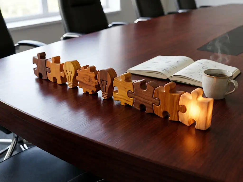 Houten puzzelstukken in vloeiende reeks op vergadertafel, laatste stuk gloeit gouden licht, notitieboek en koffiekop nabij