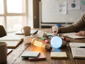 Diverse gloeilampen in verschillende verlichtingsstadia op houten conferentietafel met kleurrijke notities en notitieboeken
