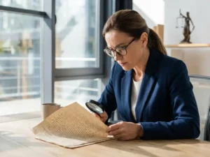 Professionele vrouw in zakelijke kleding bestudeert juridisch document aan modern kantoorbureau met weegschaal op achtergrond