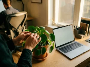 Groene kamerplant op modern bureau naast laptop, handen verzorgen bladeren in warm zonlicht