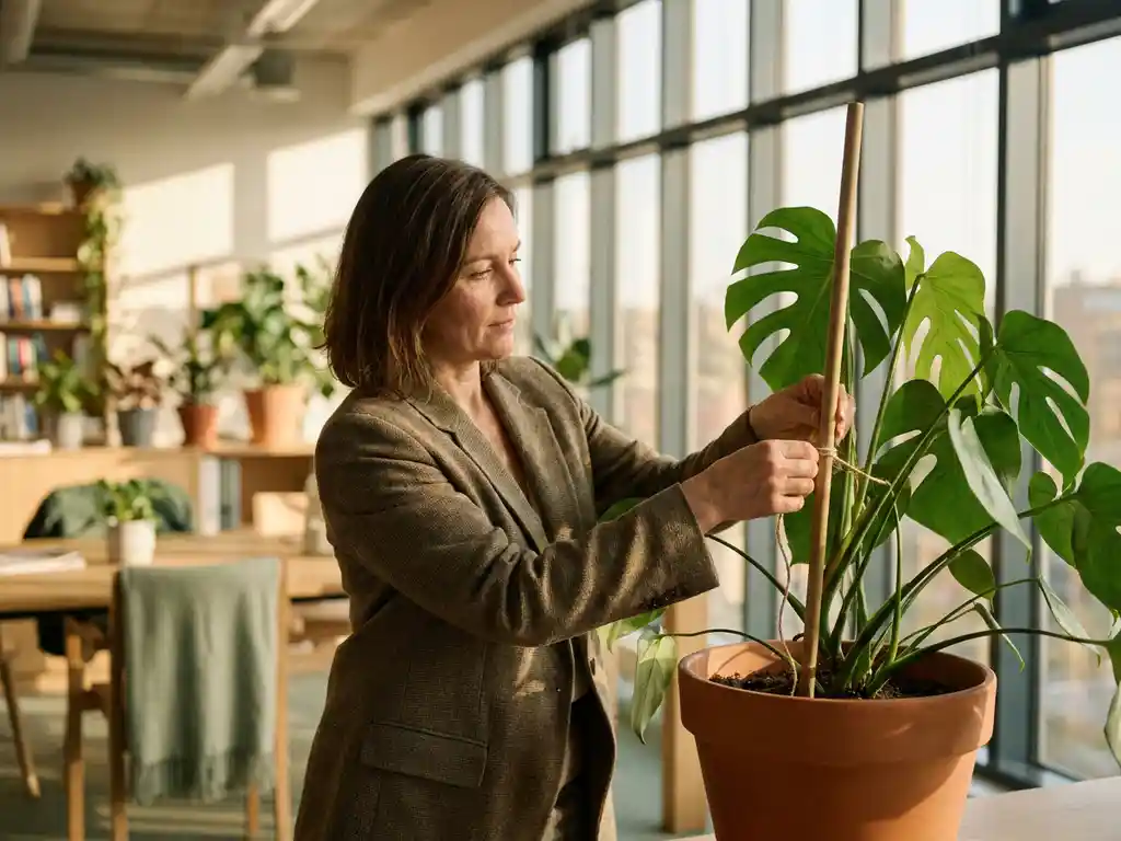 Professionele vrouw in moderne kantoor verzorgt kamerplant bij raam met natuurlijk licht