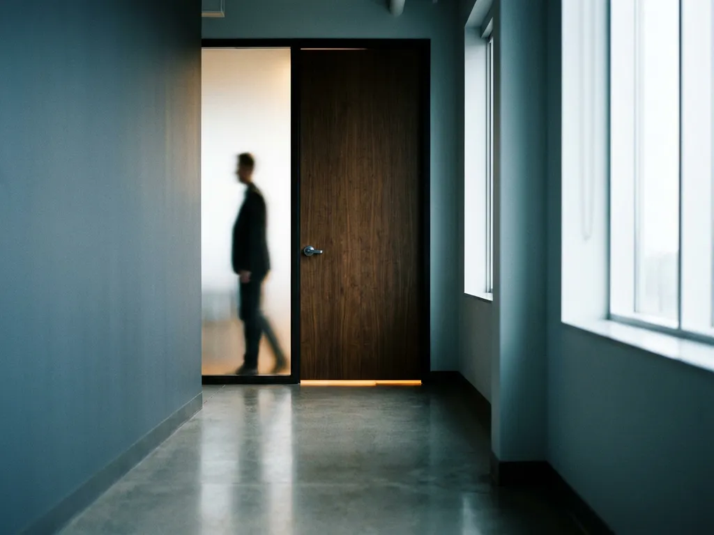 Gesloten houten deur met warm licht onder de kier in moderne kantoorgang, silhouet nadert door matglas