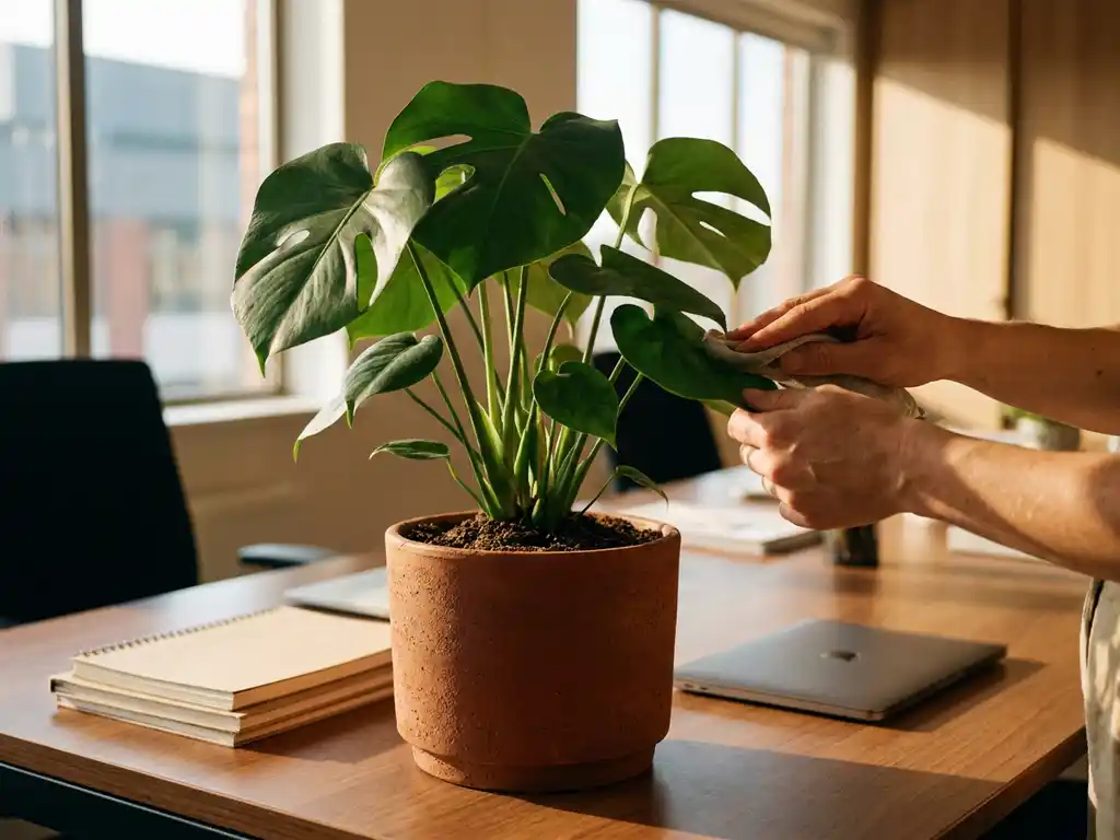 Weelderige kantoorplant in terracotta pot op houten bureau naast laptop en trainingsmaterialen, handen verzorgen plant in warm zonlicht