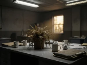 Verwelkte kantoorplant op grijze bureau in slecht verlicht werkruimte met lege koffiekopjes en verfrommeld papier