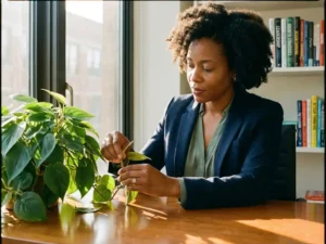 Professionele vrouw verzorgt kamerplant op modern kantoorbureau met natuurlijk zonlicht door grote ramen
