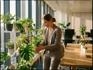 Professionele vrouw van middelbare leeftijd verzorgt diverse kamerplanten in modern kantoor met natuurlijk zonlicht