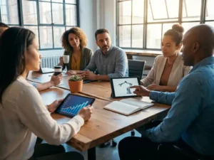 Diverse kleine ondernemers rond houten vergadertafel bekijken tablets met groeigrafiken en notitieblokken in natuurlijk zonlicht