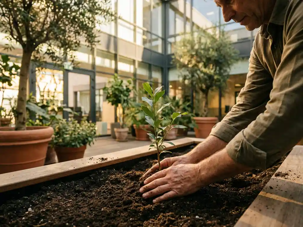 Kleine ondernemer plant jonge groene zaailing in donkere aarde, handen beschermen tere stengel in moderne kantoorkoer