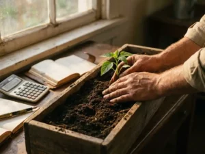 Kleine ondernemer plant groene zaailing in donkere aarde, handen beschermen delicate plant, rekenmachine en boeken op houten bureau