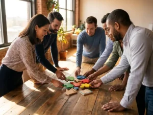 Diverse werknemers van kleine ondernemingen werken samen rond houten vergadertafel, plaatsen kleurrijke puzzelstukjes die gemeenschapsinitiatieven vertegenwoordigen