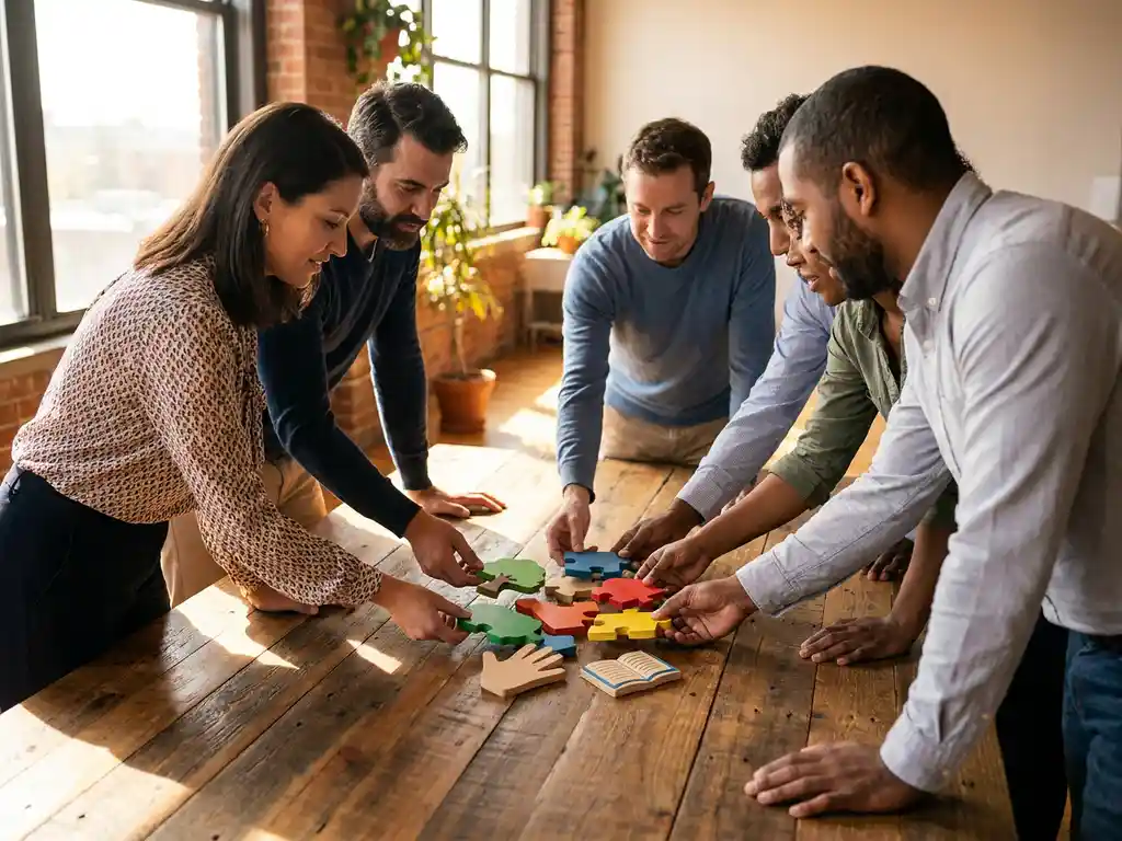Diverse werknemers van kleine ondernemingen werken samen rond houten vergadertafel, plaatsen kleurrijke puzzelstukjes die gemeenschapsinitiatieven vertegenwoordigen
