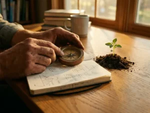 Houten kompas op open notitieboek naast groene zaailing in aarde, handen stellen kompas bij op eiken bureau