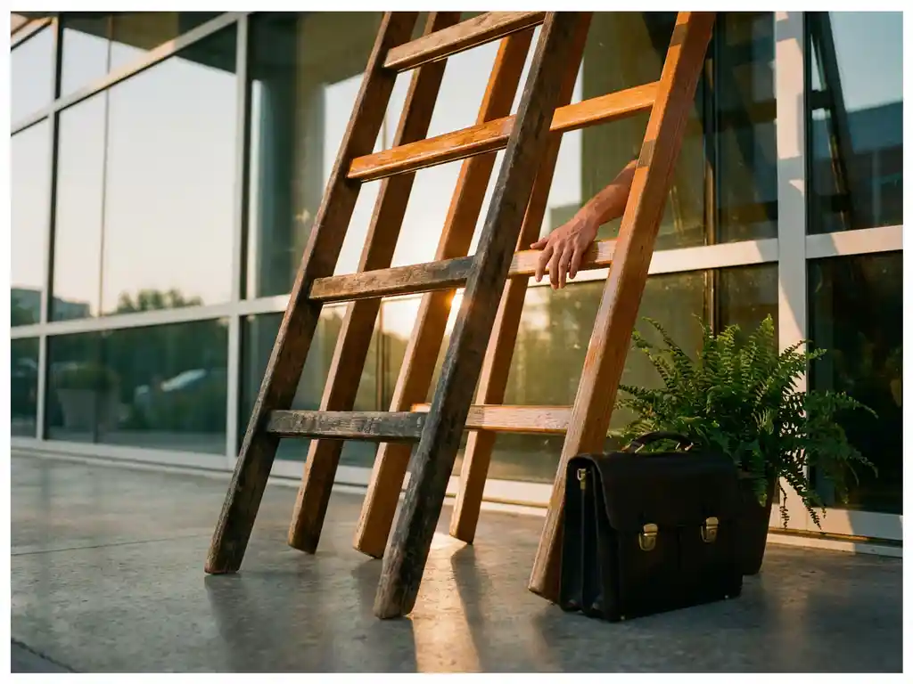 Verweerde houten ladder tegen modern glazen gebouw met aktetas en groene plant aan de basis, gouden uurtje licht
