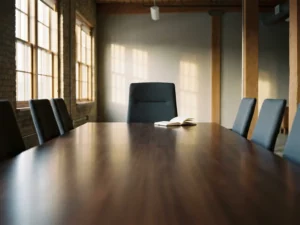 Eenzame bureaustoel aan het einde van lange vergadertafel met open notitieboek, natuurlijk licht door ramen