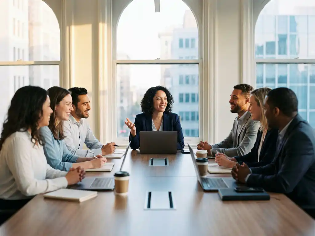 Professionele vrouw van middelbare leeftijd leidt divers teamoverleg aan houten vergadertafel met laptops en notitieblokken