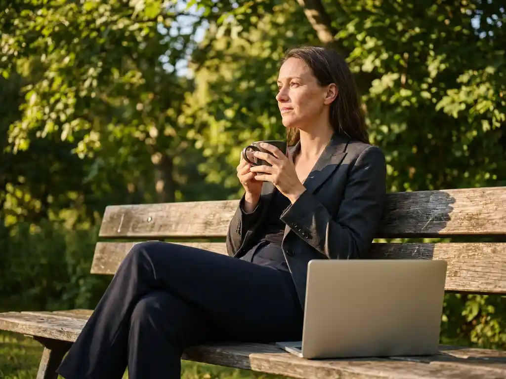Professionele vrouw in pak geniet van koffiepauze op houten parkbank met laptop, zachte schaduw van bladeren op gezicht