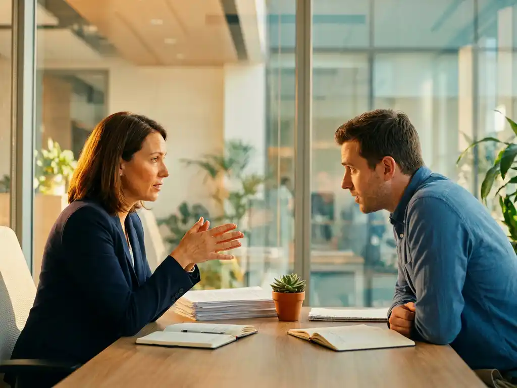Manager en medewerker in gesprek aan houten vergadertafel met documenten en plant, natuurlijk licht door ramen