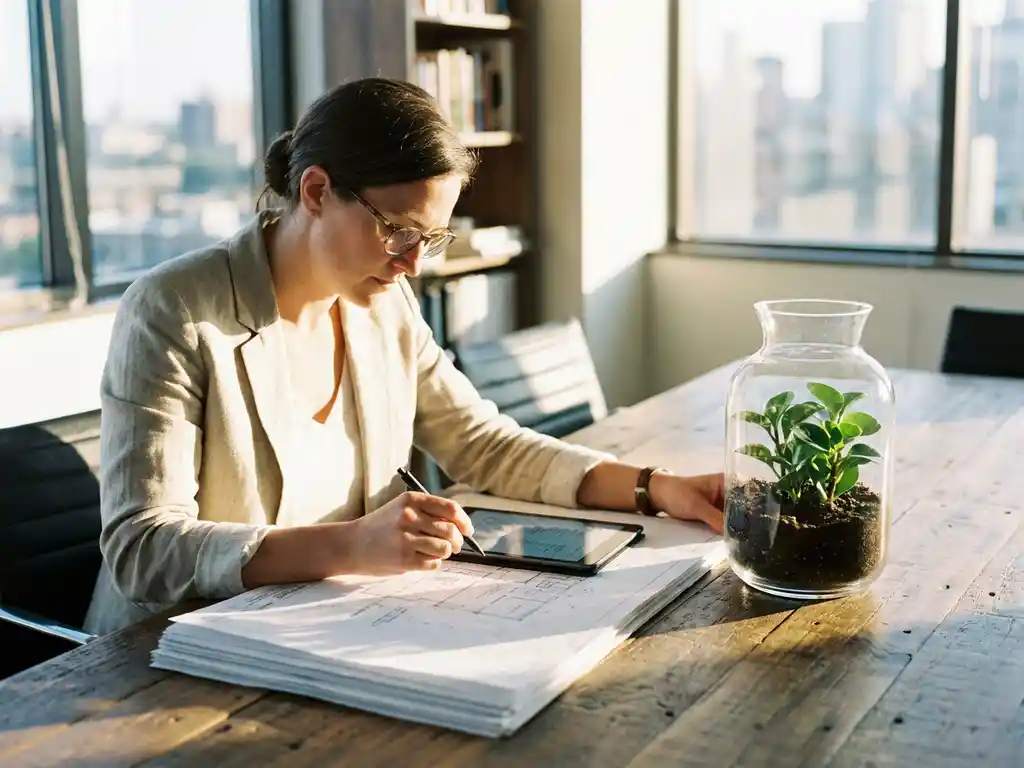 Manager bestudeert ontwikkelingsdocumenten aan conferentietafel met groene plant in glazen pot, symboliseert duurzame groei