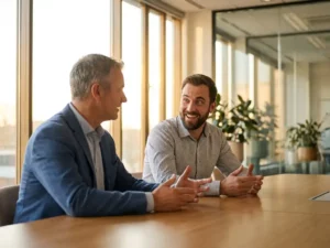 Professionele mentor en gemotiveerde medewerker in gesprek aan moderne vergadertafel met natuurlijk licht