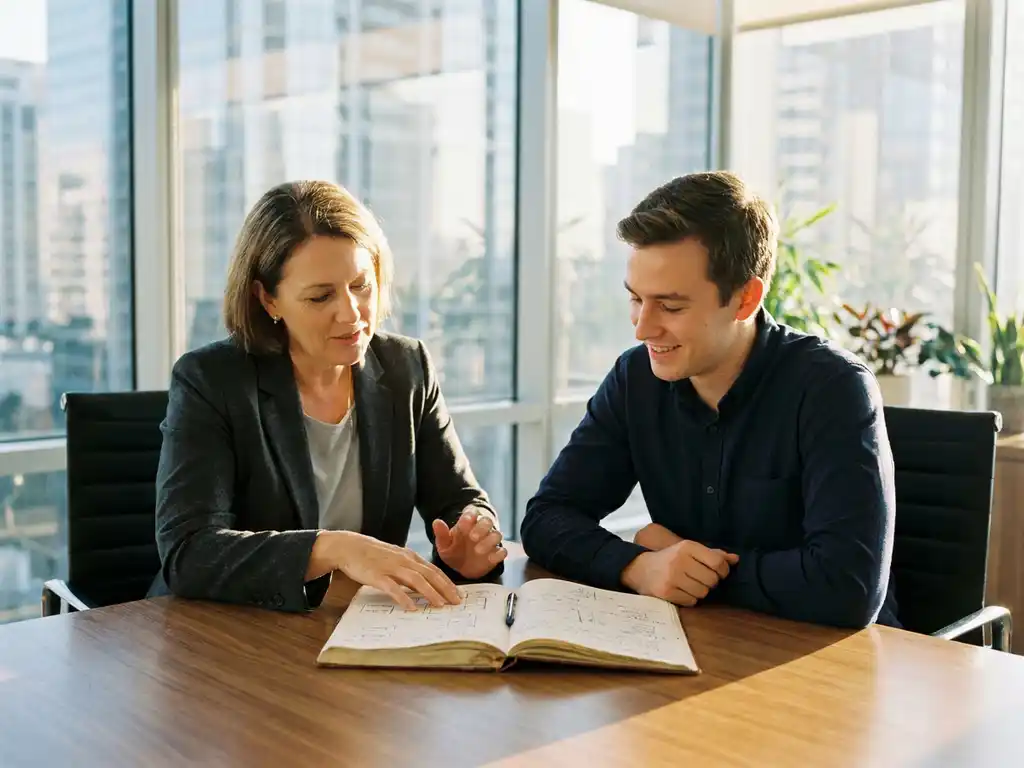 Professionele mentor en jonge medewerker in gesprek aan moderne vergadertafel met open notitieboek vol schetsen