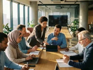 Professionele mentor begeleidt diverse groep werknemers tijdens praktijkgerichte training in moderne leslokaal met natuurlijk licht