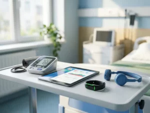 Moderne zorgapparatuur op witte medische tafel met bloeddrukmeter, tablet, fitness tracker en telemedicine headset