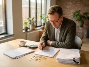 Nederlandse ondernemer bekijkt subsidiedocumenten op houten bureau met euromunten en rekenmachine in natuurlijk licht