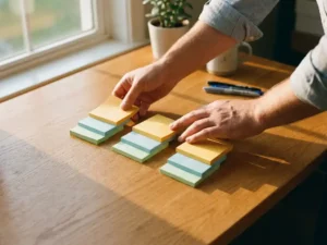 Professionele handen organiseren drie stapels kleurrijke sticky notes op houten bureau in natuurlijk zonlicht