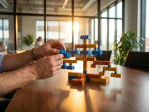 Facilitator plaatst kleurrijke bouwblokken in organisatiestructuur op vergadertafel, afdelingen verbindend in warm kantoorlicht