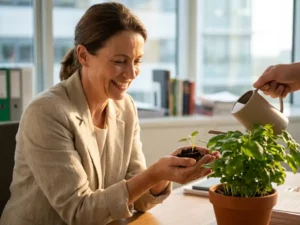 Professionele vrouw giet kleine plant in terracotta pot op houten bureau, houdt zaailing vast bij kantoorvenster