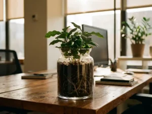 Groene plant met zichtbare wortels in glazen pot op houten bureau bij raam met natuurlijk licht