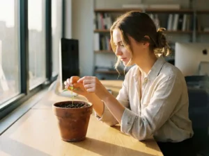 Jonge professionele vrouw verzorgt kleine groene plant in terracotta pot op houten bureau met warm zonlicht