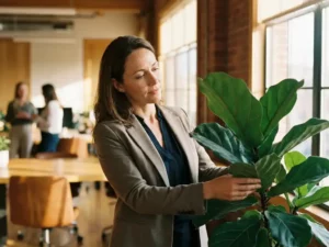 Professionele vrouw verzorgt groene kantoorplant bij raam met natuurlijk zonlicht