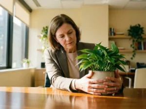 Professionele vrouw verzorgt groene plant op modern kantoorbureau bij raam met natuurlijk zonlicht