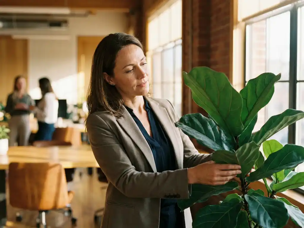 Professionele vrouw verzorgt groene kantoorplant bij raam met natuurlijk zonlicht