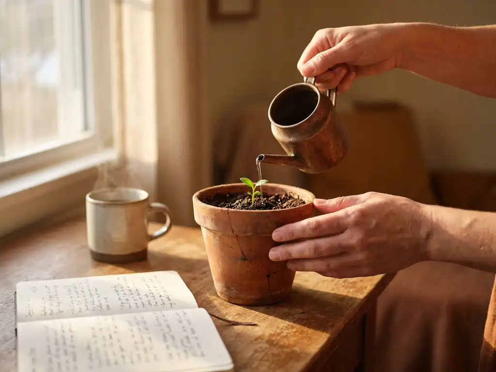 Klein groen plantje in terracotta pot op houten bureau naast notitieboek en koffiekop, handen gieten water in warm ochtendlicht