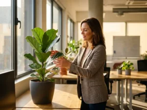 Professionele vrouw verzorgt groene plant aan modern kantoorbureau met natuurlijk zonlicht door grote ramen