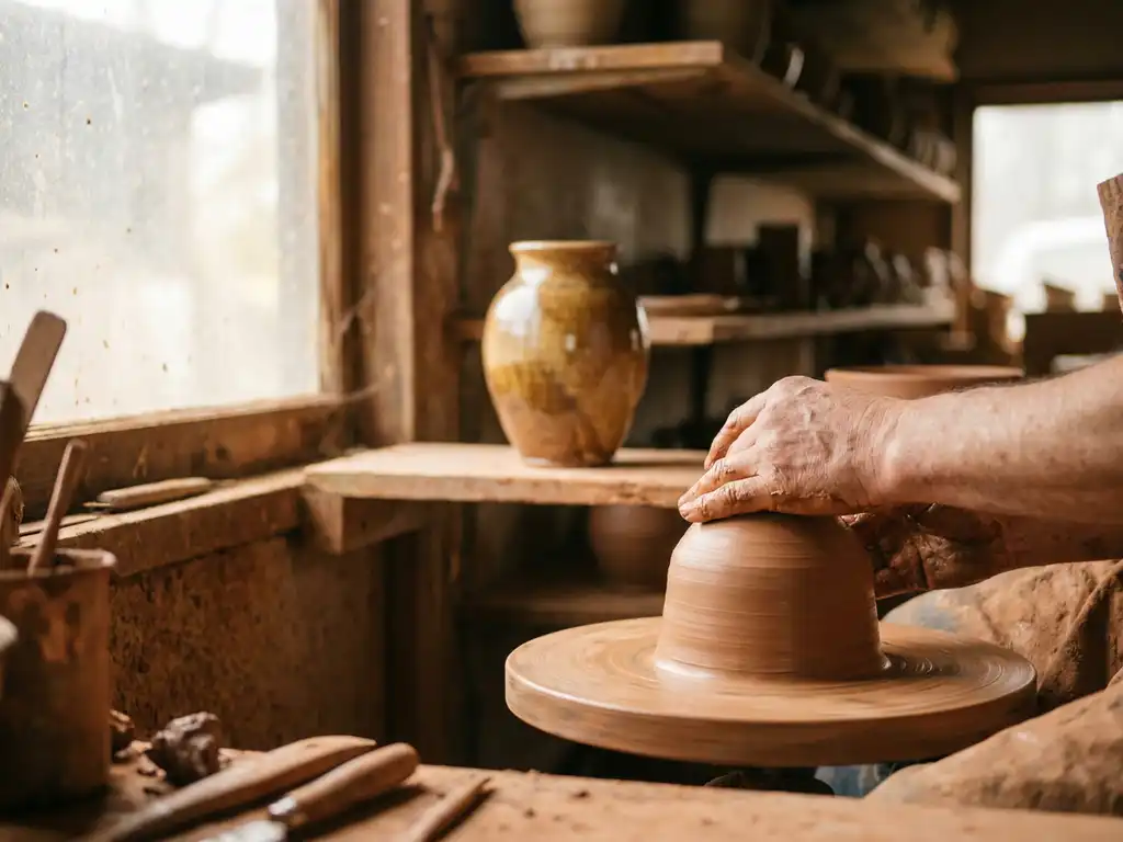 Ambachtelijke handen vormen klei op pottenbakkersschijf met afgewerkte keramische vaas op houten plank in warme werkplaats
