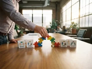 Trainer schikt kleurrijke houten puzzelstukken tot brug tussen probleemscenario's op moderne conferentietafel