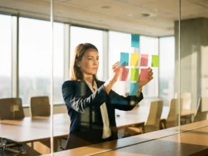 Zakenvrouw organiseert kleurrijke sticky notes op glazen whiteboard in moderne trainingskamer met natuurlijk licht