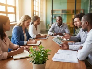 Diverse professionals samenwerken rond moderne vergadertafel met leermateriaal en groeiende plant in voorgrond