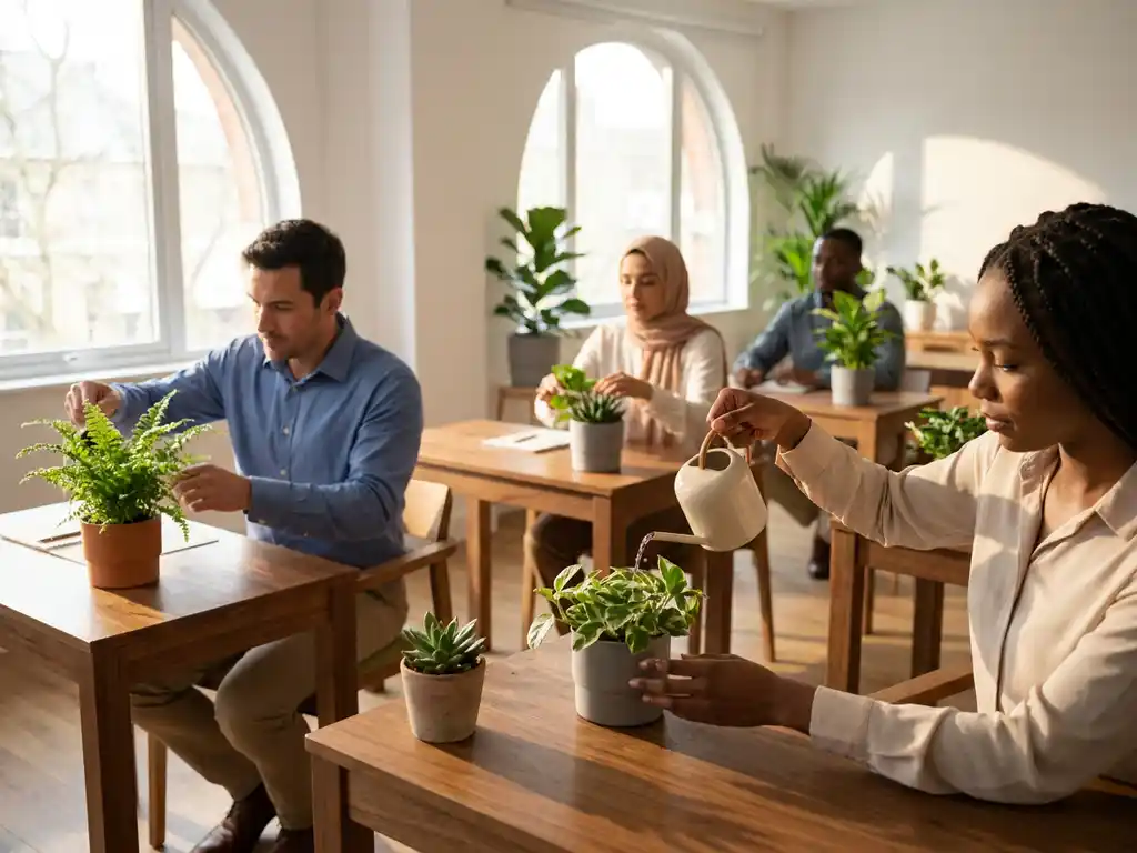 Diverse professionals verzorgen kleine planten aan hun werkplek in een moderne trainingsruimte met natuurlijk licht