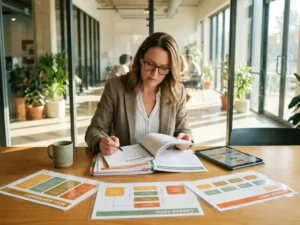 Professionele vrouw in de veertig bekijkt ontwikkelingsdocumenten aan bureau met kleurrijke vaardigheidsgrafieken en groeiplannen