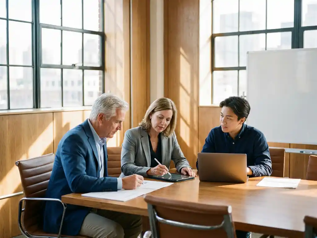 Diverse professionals van verschillende generaties bespreken documenten rond houten conferentietafel in moderne trainingskamer