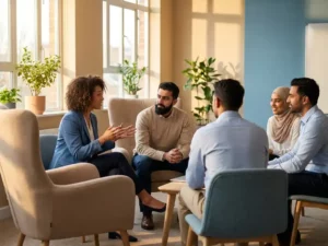 Diverse professionals in een cirkel zittend tijdens een training, één persoon gebaart terwijl anderen aandachtig luisteren in moderne ruimte
