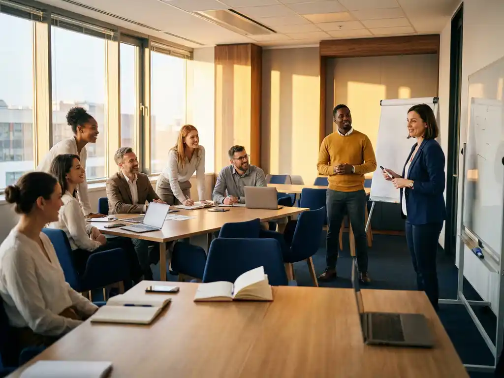 Professionele trainer begeleidt diverse groep werknemers tijdens interactieve workshop in moderne trainingsruimte met natuurlijk licht