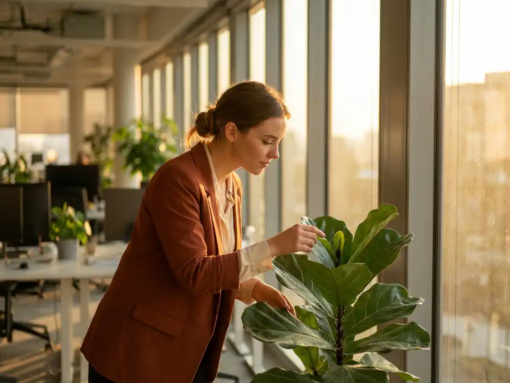 Jonge professionele vrouw verzorgt groene plant in modern kantoor met zonlicht door grote ramen